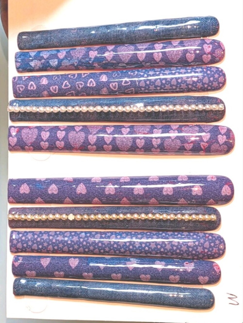 Hand Crafted 6Xl Denim Style Heart And Star Printed Press On Nails Size Medium